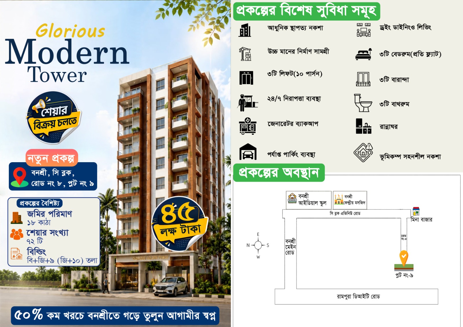 গ্লোরিয়াস মডার্ন টাওয়ার — প্রকল্পের বৈশিষ্ট্য, সুবিধা ও অবস্থান