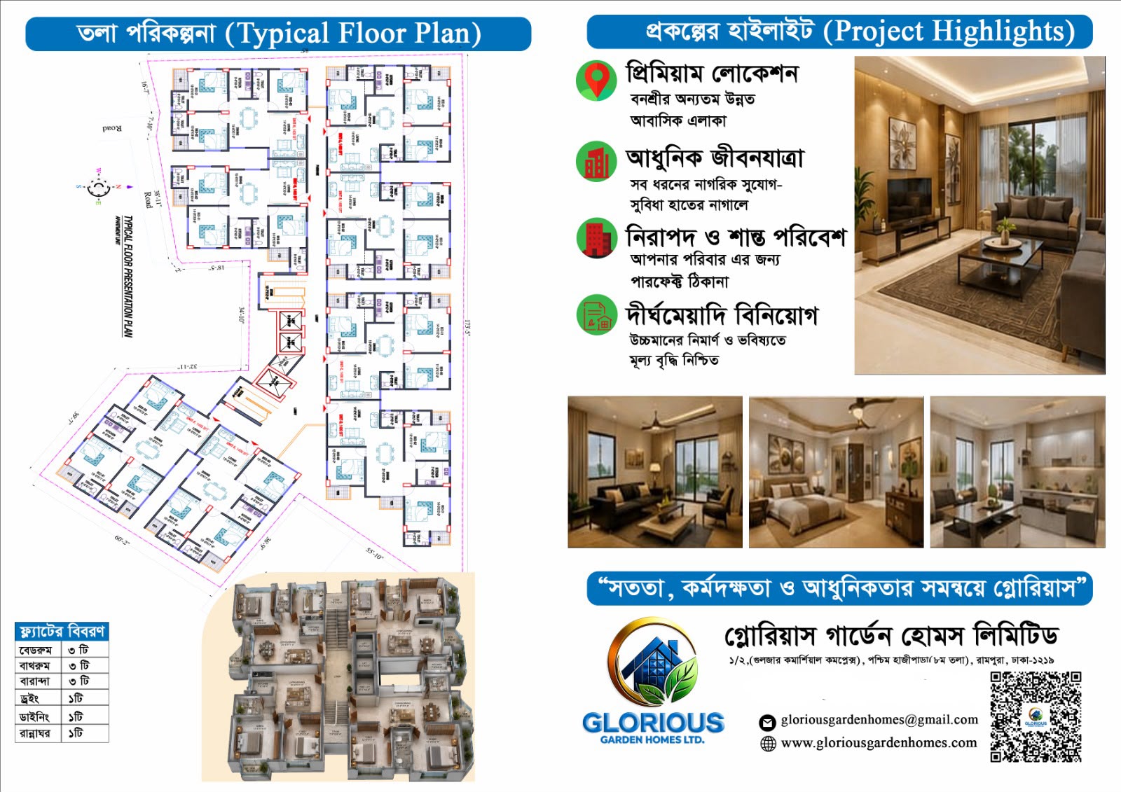 গ্লোরিয়াস মডার্ন টাওয়ার — টিপিক্যাল ফ্লোর প্ল্যান ও প্রকল্পের হাইলাইট